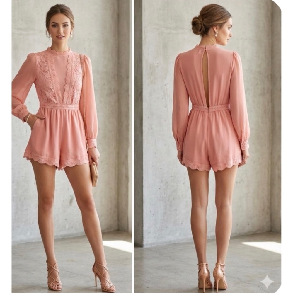Topshop Lace Coquette Long Sleeve Pink Scalloped Hem Open BackPlaysuit Romper 4